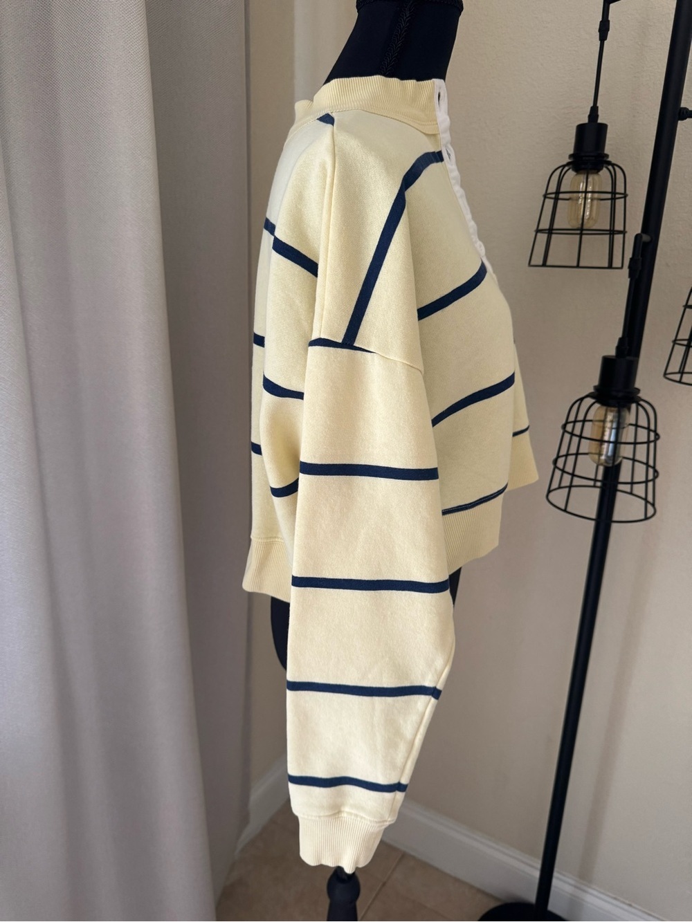 BP. Cream Navy Stripe Half Button Cropped Sweatshirt Pullover Size S - Picture 5 of 11